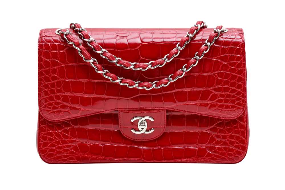 159 - λ Chanel Red Alligator Jumbo Classic Double Flap Bag
