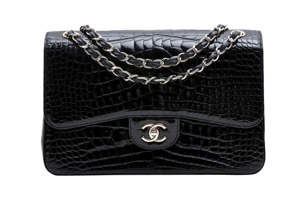 424 - λ Chanel Black Alligator Jumbo Classic Double Flap Bag