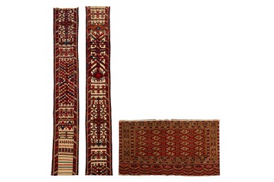 Lot 87 - A TWO ANTIQUE YOMUT TENT BANDS FRAGMENTS & ANTIQUE TEKKE JUVAL, TURKMENISTAN