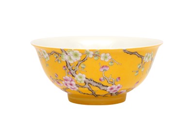 Lot 274 - A CHINESE FAMILLE-ROSE YELLOW-GROUND 'PRUNUS' BOWL