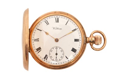 Lot 79 - WALTHAM 'TRAVELLER' HALF HUNTER POCKET WATCH - 9K GOLD