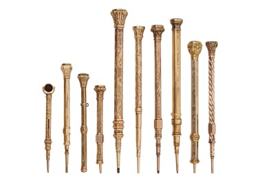 Lot 92 - A GROUP OF TEN VICTORIAN GILT METAL HARDSTONE SET PROPELLING PENCILS