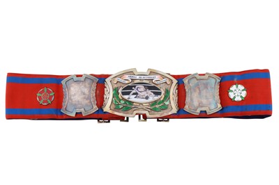 Lot 249 - Wrestling interest – An Elizabeth II sterling silver  and enamel belt, Birmingham 1959 by Fattorini and Sons Ltd