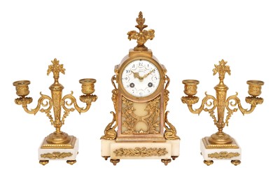 Lot 350 - A FRENCH ORMOLU AND MARBLE CLOCK GARNITURE, LATE 19TH / EARLY 20TH CENTURY