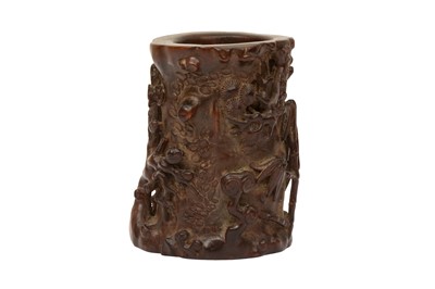 Lot 88 - A CHINESE ROOTWOOD CARVED 'THREE FRIENDS OF THE WINTER' BRUSH POT, BITONG
