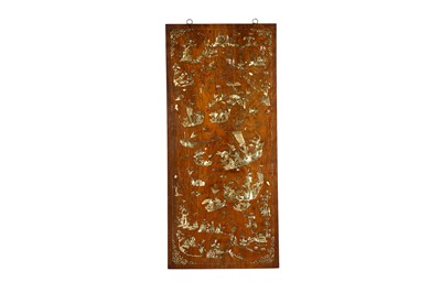Lot 84 - A CHINESE MOTHER OF PEARL-INLAID HARDWOOD HUALI PANEL