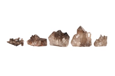 Lot 73 - A GROUP OF FIVE SMOKY QUARTZ CLUSTERS