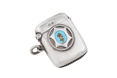 Lot 81 - A George V sterling silver and enamel vesta case, Birmingham 1919 by W J Myatt