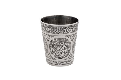 Lot 304 - An early 20th century Persian (Iranian) silver shots set on tray, Isfahan circa 1920 by Ja'far
