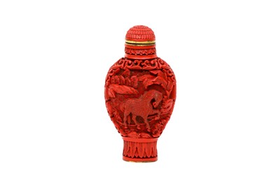 Lot 77 - A CHINESE CINNABAR LACQUER 'HORSES' SNUFF BOTTLE