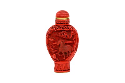 Lot 77 - A CHINESE CINNABAR LACQUER 'HORSES' SNUFF BOTTLE