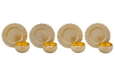 Lot 218 - A fine set of four late 19th century Anglo – Indian unmarked silver gilt bowls and plates, Kashmir circa 1890