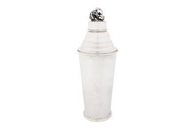 Lot 386 - A mid-20th century Danish sterling silver cocktail shaker, Copenhagen circa 1950 by Georg Jensen, designed by Harald Nielsen
