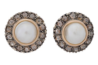 Lot 348 - A PAIR OF MABE PEARL AND DIAMOND CLUSTER EARRINGS