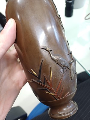 Lot 836 - A PAIR OF FINE JAPANESE INLAID BRONZE 'EGRETS' VASES