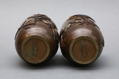 Lot 836 - A PAIR OF FINE JAPANESE INLAID BRONZE 'EGRETS' VASES