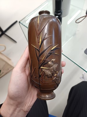 Lot 836 - A PAIR OF FINE JAPANESE INLAID BRONZE 'EGRETS' VASES