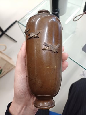 Lot 836 - A PAIR OF FINE JAPANESE INLAID BRONZE 'EGRETS' VASES
