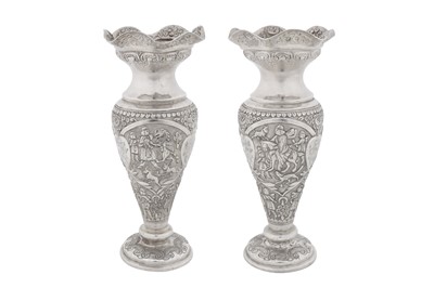 Lot 242 - A pair of early 20th century Persian (Iranian) unmarked silver vases, Kermanshah circa 1930