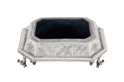 Lot 574 - A James II sterling silver chinoiserie pin cushion, London 1685 by I L two pellet above, fleur-de-lis below in a heart shaped punch (unidentified)