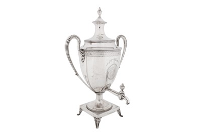 Lot 534 - A rare George III provincial sterling silver tea urn, Newcastle 1795 by John Robertson I and David Darling (active 10 July 1795 – 8 Nov 1796)