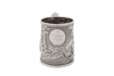 Lot 254 - An early 20th century Chinese export silver christening mug, Canton circa 1910, marked Xie Chang, retailed by Tuck Chang of Shanghai