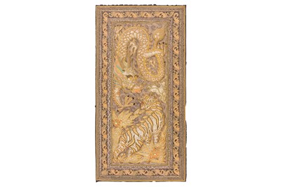Lot 415 - A LARGE KALAGA EMBROIDERED AND BEADED 'DRAGON AND TIGER' PANEL