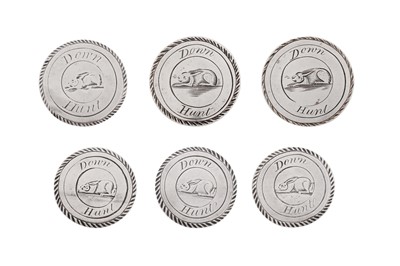 Lot 53 - Six rare George III Irish sterling silver hunting buttons, Dublin circa 1770 by J.B incuse