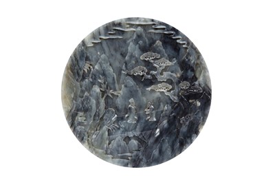 Lot 65 - A CHINESE GREY JADE CARVED 'MOUNTAINOUS LANDSCAPE' ROUND PLAQUE