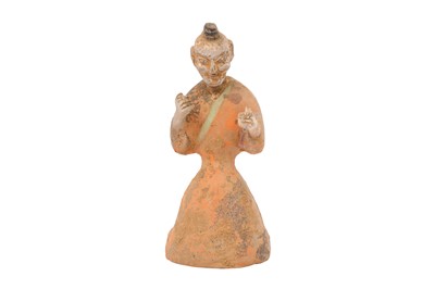 Lot 716 - A CHINESE PAINTED POTTERY FIGURE OF A KNEELING MAN