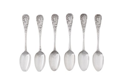 Lot 425 - A set of six George II sterling silver picture back teaspoons, London circa 1755 by Elizabeth Oldfield