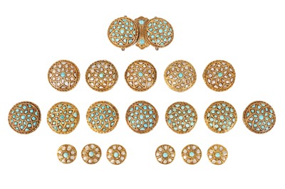 Lot 84 - A GROUP OF GOLD-SET SILVER BACKED PEARL AND TURQUOISE-ENCRUSTED DRESS ORNAMENTS