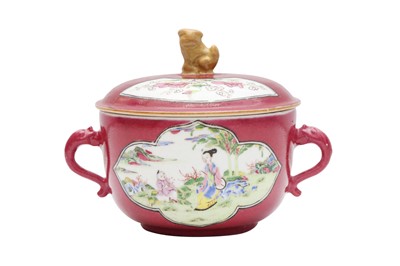 Lot 335 - A CHINESE EXPORT RUBY-GROUND FAMILLE-ROSE 'FIGURATIVE' TUREEN AND COVER