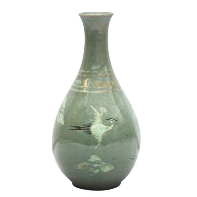 Lot 98 - A Korean inlaid slip-decorated celadon 'crane' bottle vase, 19th - 20th century