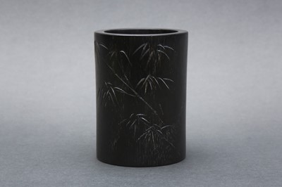 Lot 95 - A CHINESE ZITAN WOOD CARVED 'BAMBOO' BRUSH POT, BITONG
