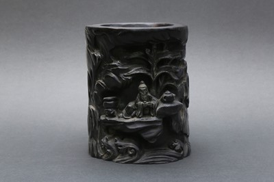 Lot 96 - A CHINESE ZITAN WOOD CARVED 'FIGURATIVE' BRUSH POT, BITONG