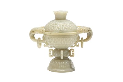 Lot 67 - A CHINESE CELADON JADE MUGHAL-STYLE 'FLORAL' INCENSE BURNER AND COVER