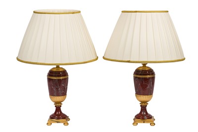 Lot 71 - A pair of Empire-Style gilt bronze and red marble table lamps
