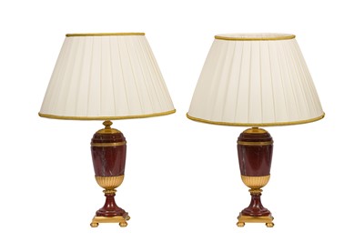 Lot 260 - A PAIR OF EMPIRE-STYLE GILT BRONZE AND RED MARBLE TABLE LAMPS