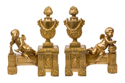 Lot 217 - A PAIR OF LOUIS XVI STYLE GILT BRONZE FIRE DOGS, LATE 19TH CENTURY