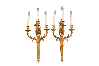 Lot 204 - A PAIR OF ORMOLU THREE-BRANCH NEOCLASSICAL STYLE WALL SCONCES, 20TH CENTURY