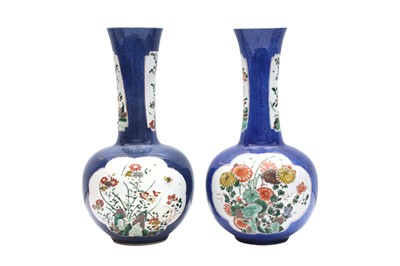 Lot 13 - A NEAR-PAIR OF CHINESE FAMILLE-VERTE POWDER-BLUE BOTTLE VASES