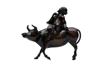 Lot 675 - A CHINESE BRONZE 'LAOZI RIDING A WATER BUFFALO' CENSER AND COVER