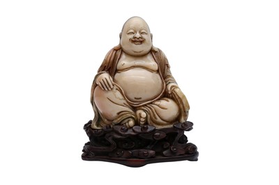Lot 75 - A CHINESE SOAPSTONE FIGURE OF THE BUDAI BUDDHA AND WOOD STAND