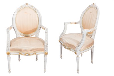 Lot 154 - A PAIR OF 19TH CENTURY FRENCH PAINTED AND PARCEL GILT FAUTEUIL ARMCHAIRS