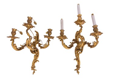 Lot 203 - A PAIR OF ROCOCO STYLE THREE BRANCH WALL SCONCES, LATE 19TH/EARLY 20TH CENTURY