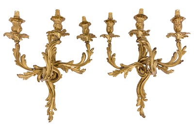 Lot 201 - A PAIR OF ROCOCO STYLE GILT BRASS THREE-BRANCH WALL SCONCES, LATE 19TH/EARLY 20TH CENTURY