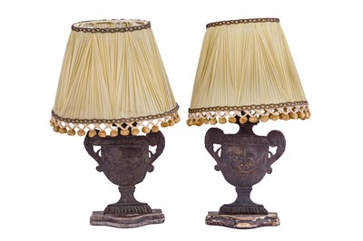 Lot 196 - A PAIR OF FLAT URN FORM TOLEWARE TABLE LAMPS