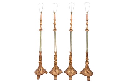 Lot 199 - A SET OF FOUR PAINTED AND PARCEL GILT STANDARD LAMPS