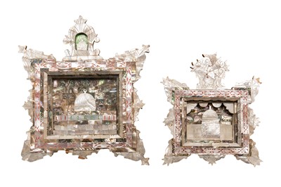 Lot 39 - TWO 20TH CENTURY MOTHER-OF-PEARL-INLAID OLIVE WOOD DIORAMAS WITH THE DOME OF THE ROCK, JERUSALEM
